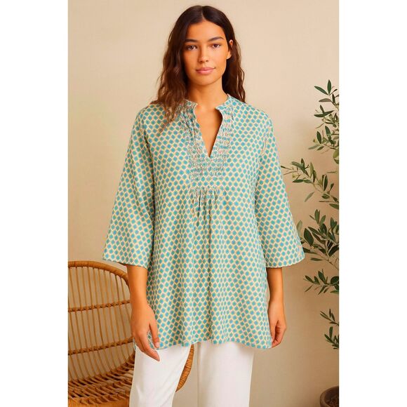 Roberta Roller Rabbit Blue & White Pattern Tunic Blouse Shirt Women’s Sz Medium - Picture 1 of 9